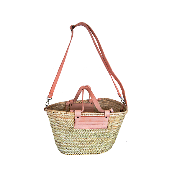 Panier avec anses longues en cuir rose